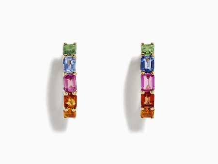 Watercolor 14k Gold Emerald Cut Multi Sapphire Hoop Earrings on Sale