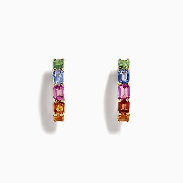 Watercolor 14k Gold Emerald Cut Multi Sapphire Hoop Earrings on Sale