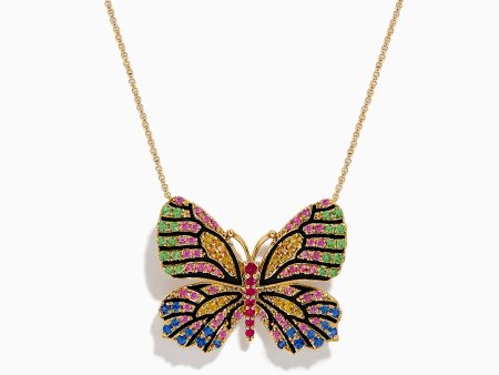 Watercolors 14K Gold Ruby and Multi Sapphire Butterfly Pendant For Sale