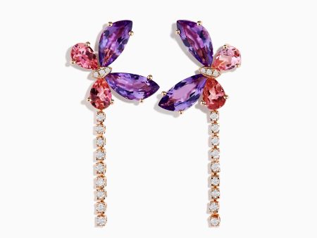 14K Rose Gold Multi-Stone and Diamond Butterfly Drop Earrings For Discount