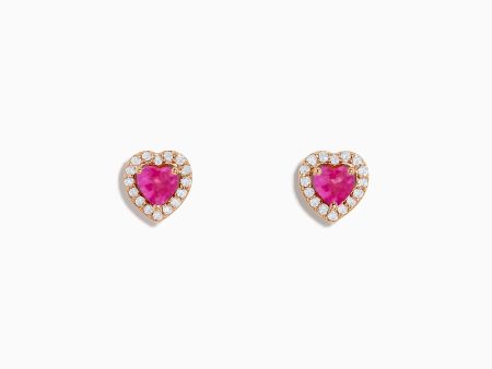 Novelty 14K Rose Gold Pink Sapphire and Diamond Heart Earrings For Sale