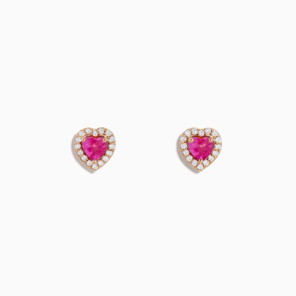 Novelty 14K Rose Gold Pink Sapphire and Diamond Heart Earrings For Sale