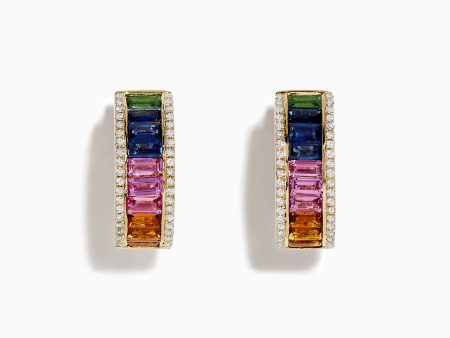 Watercolor 14k Gold Multi Sapphire and Diamond Huggie Earrings Cheap