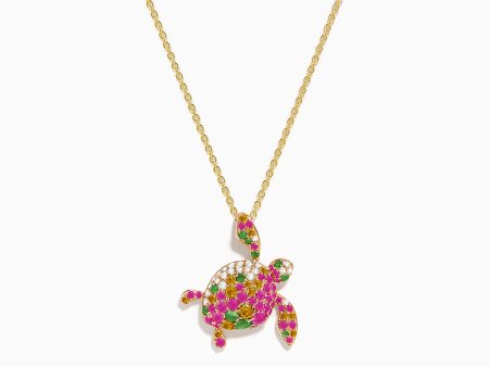 14K Rose Gold Pink and Yellow SapphireTsavorite and Diamond Turtle Pendant For Sale