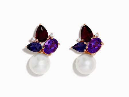 14K Rose Gold Multi Gemstone, Fresh Water Pearl and Diamond Earrings on Sale