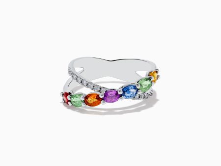 Watercolors 14K White Gold Multi Sapphire and Diamond Crossover Ring Online Sale