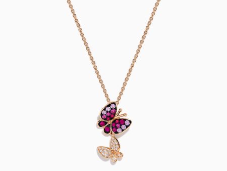 14K Rose Gold Pink Sapphire and Diamond Butterfly Pendant For Discount