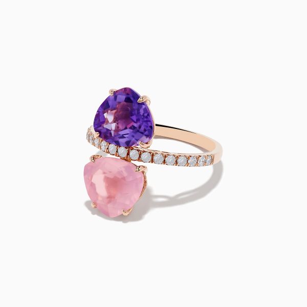 14K Rose Gold Amethyst, Rose Quartz, and Diamond Toi Et Moi Ring For Sale