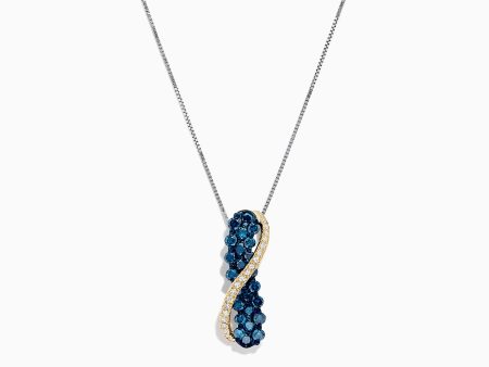 14K Two Tone Gold Blue and White Diamond Crossover Pendant, 1.00 TCW For Sale