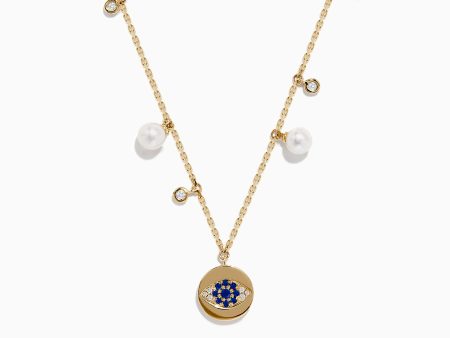 14K Gold Fresh Water Pearl, Sapphire and Diamond Evil Eye Necklace Supply