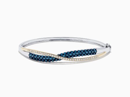 14K Two Tone Gold Blue and White Diamond Crossover Bangle, 2.00 TCW For Sale