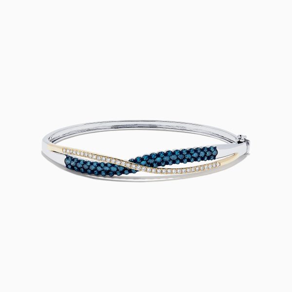 14K Two Tone Gold Blue and White Diamond Crossover Bangle, 2.00 TCW For Sale