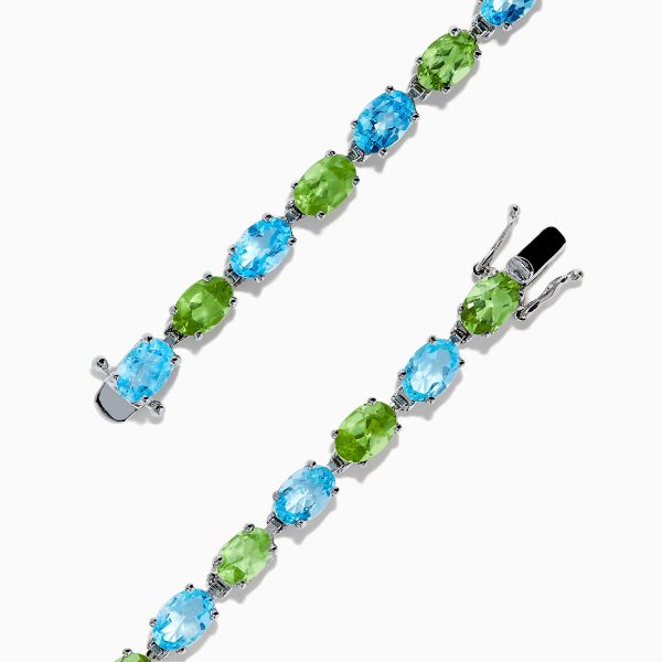 14K White Gold Blue Topaz and Peridot Tennis Bracelet, 13.80 TCW For Sale