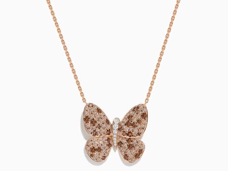 14K Rose Gold Brown and White Diamond Butterfly Necklace For Discount