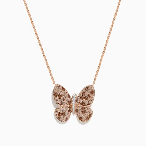 14K Rose Gold Brown and White Diamond Butterfly Necklace For Discount