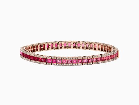 14k Rose Gold Princess Cut Ruby, Pink Tourmaline Tennis Bracelet Hot on Sale