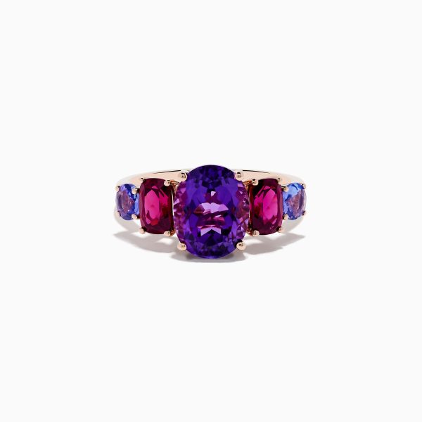 14K Rose Gold Amethyst, Rhodolite, and Tanzanite Ring Online now