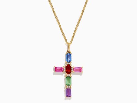 Watercolors 14K Yellow Gold Multi Color Sapphire and Diamond Cross Pendant Online Hot Sale