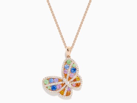 Watercolors 14K Rose Gold Multi Sapphire and Diamond Butterfly Pendant on Sale