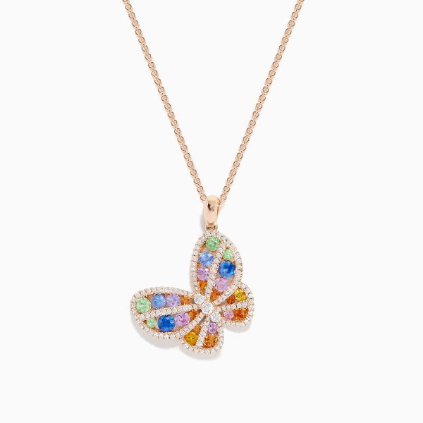 Watercolors 14K Rose Gold Multi Sapphire and Diamond Butterfly Pendant on Sale