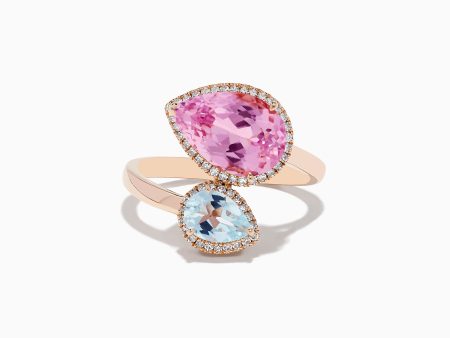 14K Rose Gold Kunzite and Aquamarine Diamond Toi et Moi Ring Supply