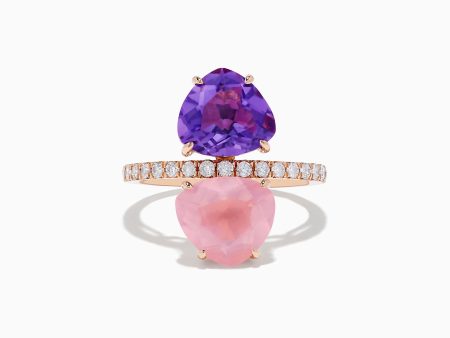 14K Rose Gold Amethyst, Rose Quartz, and Diamond Toi Et Moi Ring For Sale