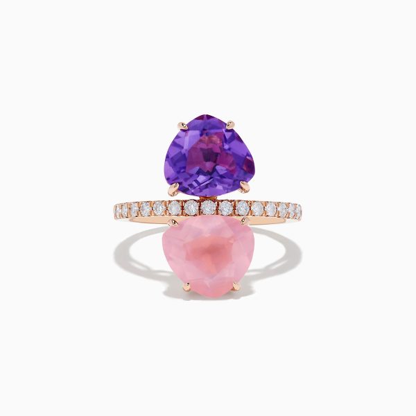 14K Rose Gold Amethyst, Rose Quartz, and Diamond Toi Et Moi Ring For Sale