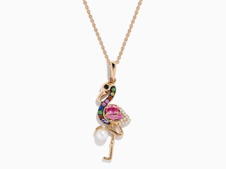 14K Rose Gold Multi Color Sapphire, Pearl and Diamond Flamingo Pendant Discount