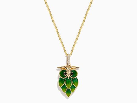 14K Gold Diamond Green and Yellow Enamel Owl Pendant on Sale