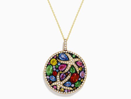 Watercolors 14K Yellow Gold Multi Sapphire and Starfish Diamond Pendant For Sale