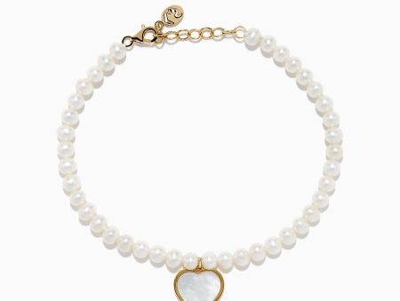 14K Gold Fresh Water Pearl and Mother of Pearl Heart Charm Bracelet For Sale