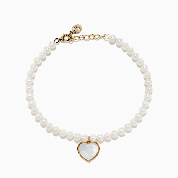 14K Gold Fresh Water Pearl and Mother of Pearl Heart Charm Bracelet For Sale