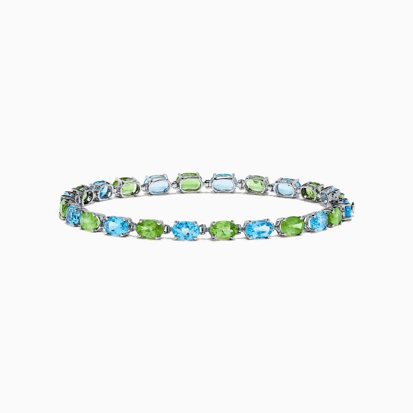 14K White Gold Blue Topaz and Peridot Tennis Bracelet, 13.80 TCW For Sale